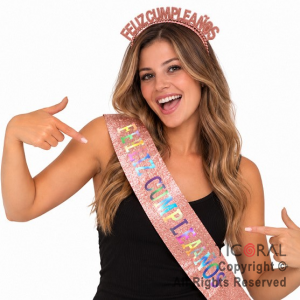 SET VINCHA PL�STICA PERLAS Y BANDA FELIZ CUMPLEA�OS GIBRE ROSA GOLD X 1